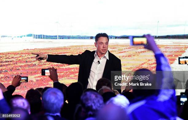 Elon Musk during his presenation at the Tesla Powerpack Launch Event at Hornsdale Wind Farm on September 29, 2017 in Adelaide, Australia. Tesla will...