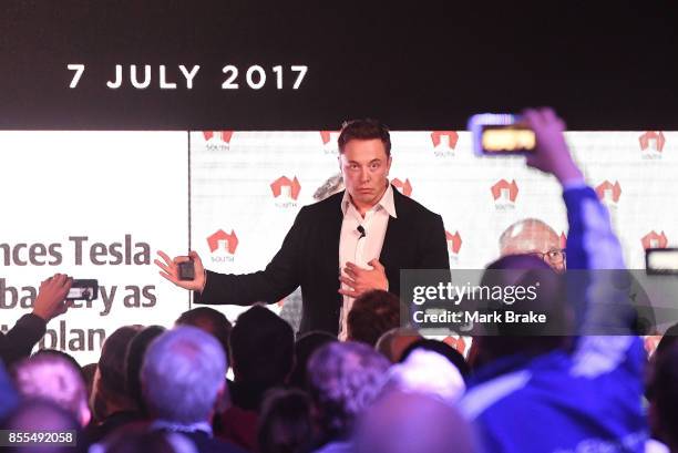 Elon Musk during his presenation at the Tesla Powerpack Launch Event at Hornsdale Wind Farm on September 29, 2017 in Adelaide, Australia. Tesla will...