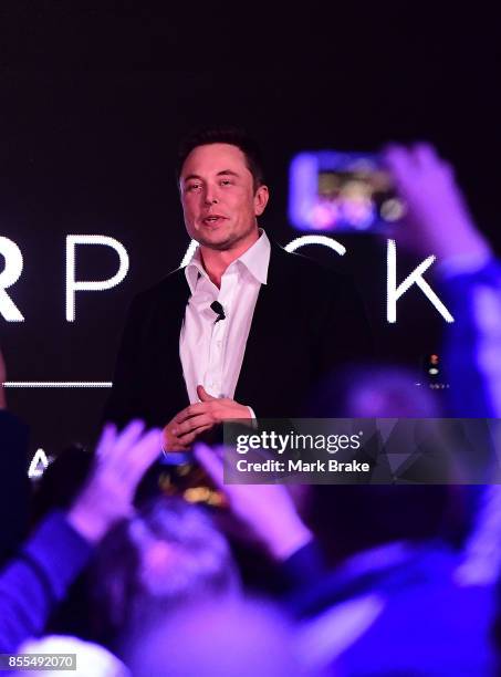 Elon Musk during his presenation at the Tesla Powerpack Launch Event at Hornsdale Wind Farm on September 29, 2017 in Adelaide, Australia. Tesla will...