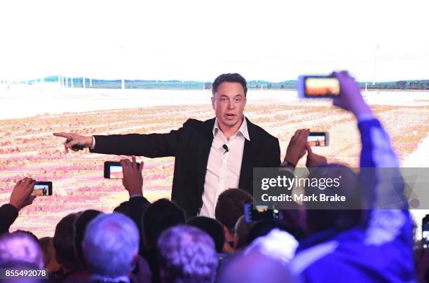 Elon Musk during his presenation at the Tesla Powerpack Launch Event at Hornsdale Wind Farm on September 29, 2017 in Adelaide, Australia. Tesla will...