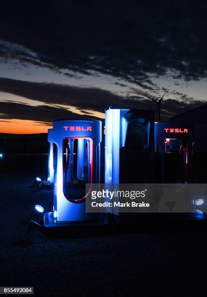 Tesla Charging station at the Tesla Powerpack Launch Event at Hornsdale Wind Farm on September 29, 2017 in Adelaide, Australia. Tesla will build the...