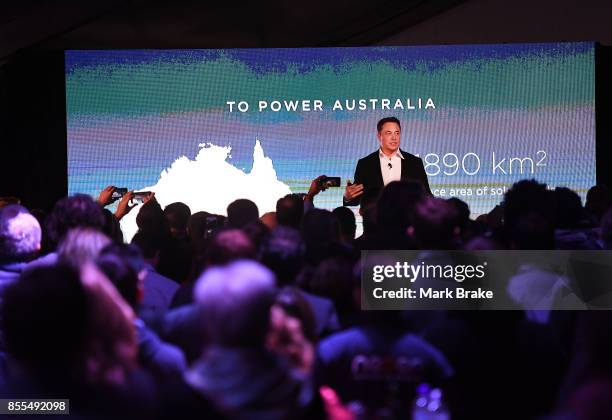 Elon Musk during his presention during Tesla Powerpack Launch Event at Hornsdale Wind Farm on September 29, 2017 in Adelaide, Australia. Tesla will...