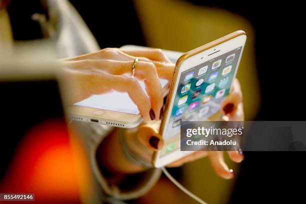 An Apple phone is seen after Apple launched iPhone 8 and 8 plus at the GUM department store in Moscow, Russia on September 29, 2017.