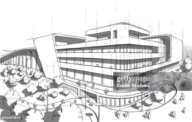 hand drawn black and white architecture - building-sketch stock illustrations