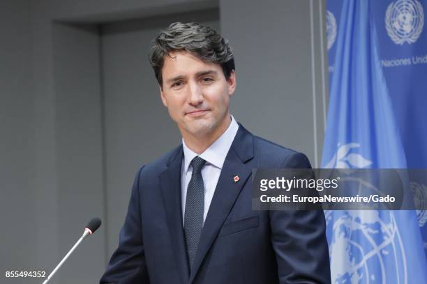 Justin Trudeau, Prime Minister of Canada, addresses a press conference on at the United Nations headquarters in New York City, New York, September...