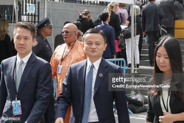 Half length portrait of Alibaba founder and chairman Jack Ma, the richest person in China, walking through a crowd during his visit to to the UN...