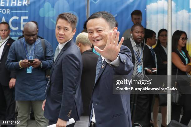 Half length portrait of Alibaba founder and chairman Jack Ma, the richest person in China, waving during his visit to to the UN Headquarters in New...