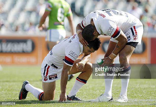 Willie Mason congratulates Braith Anasta of the Roosters during the round two NRL match between the Canberra Raiders and the Sydney Roosters at...