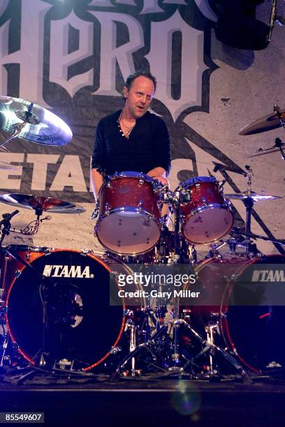 Drummer Lars Ulrich of Metallica performs at a secret show celebrating the release of Activision's "Guitar Hero: Metallica" at Stubb's during 2009...