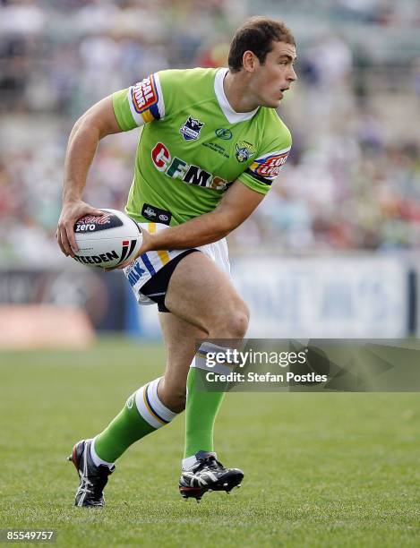 Terry Campese of the Raiders in action during the round two NRL match between the Canberra Raiders and the Sydney Roosters at Canberra Stadium on...