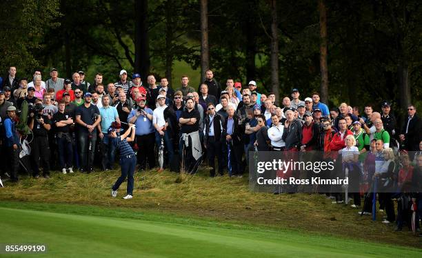 Matthew Fitzpatrick of England hits his second shot on the 4th hole during day two of the British Masters at Close House Golf Club on September 29,...