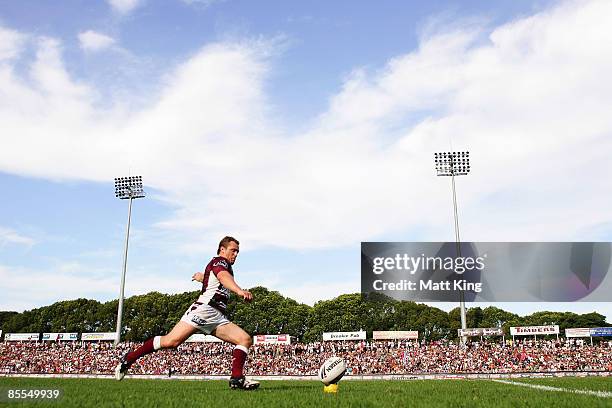 Matt Orford of the Sea Eagles takes a conversion attempt during the round two NRL match between the Manly Warringah Sea Eagles and the Warriors at...