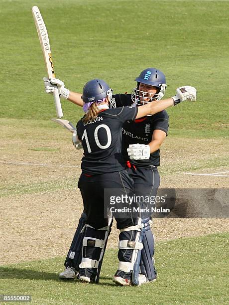 Holly Colvin and Nicky Shaw of England celebrate after winning the ICC Women's World Cup 2009 final match between England and New Zealand at North...
