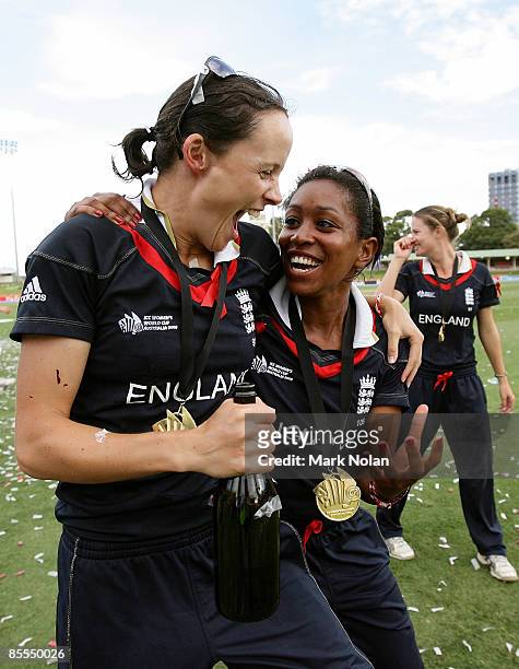Caroline Atkins and Ebony Rainsford-Brent of England celebrate after the ICC Women's World Cup 2009 final match between England and New Zealand at...