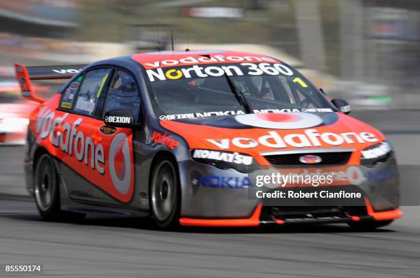 Jamie Whincup drives the Team Vodafone Ford during race two of the Clipsal 500, which is round one of the V8 Supercar Championship Series, on the...