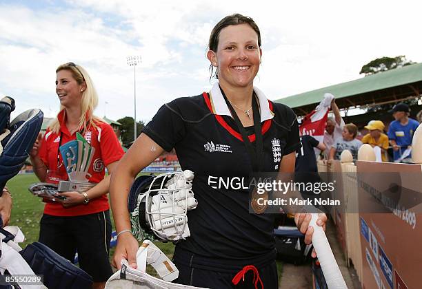 Nicky Shaw of England leaves the field of play after winning the ICC Women's World Cup 2009 final match between England and New Zealand at North...