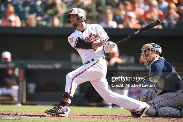 Hardy of the Baltimore Orioles takes a swing during a baseball game against the Tampa Bay Rays at Oriole Park at Camden Yards on September 24, 2017...