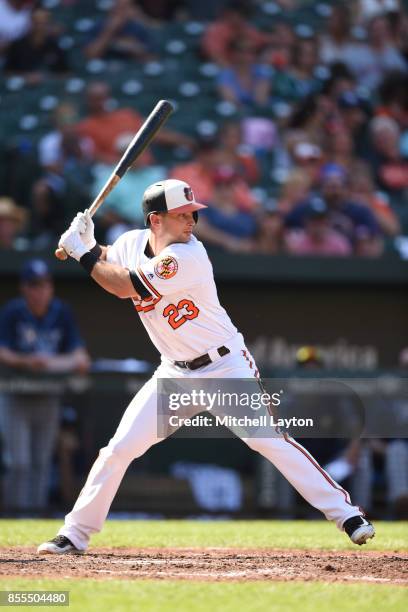 Joey Rickard of the Baltimore Orioles prepares for a pitch during a baseball game against the Tampa Bay Rays at Oriole Park at Camden Yards on...