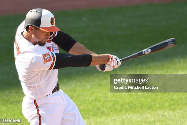 Hardy of the Baltimore Orioles takes a swing during a baseball game against the Tampa Bay Rays at Oriole Park at Camden Yards on September 24, 2017...