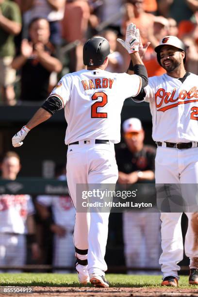 Hardy of the Baltimore Orioles rounds the bases after hitting a home run with Pedro Alvarez during a baseball game against the Tampa Bay Rays at...