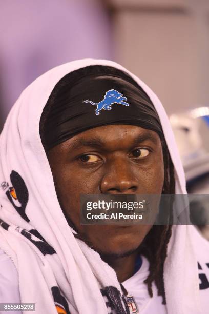 Defensive End Ezekiel Ansah of the Detroit Lions follows the action against the New York Giants on September 18, 2017 at MetLife Stadium in East...