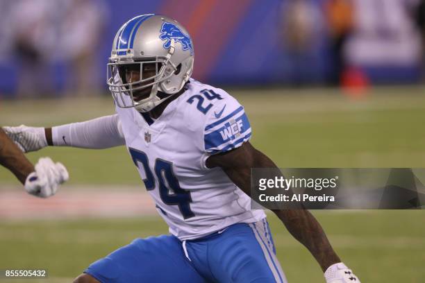 Cornerback Nevin Lawson of the Detroit Lions follows the action against the New York Giants on September 18, 2017 at MetLife Stadium in East...