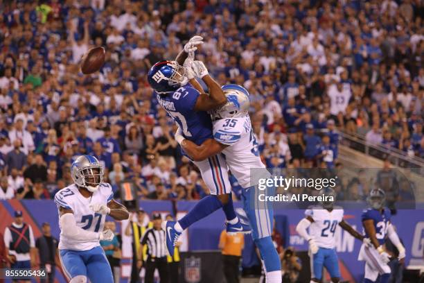 Safety Miles Killebrew of the Detroit Lions breaks up a pass against the New York Giants on September 18, 2017 at MetLife Stadium in East Rutherford,...