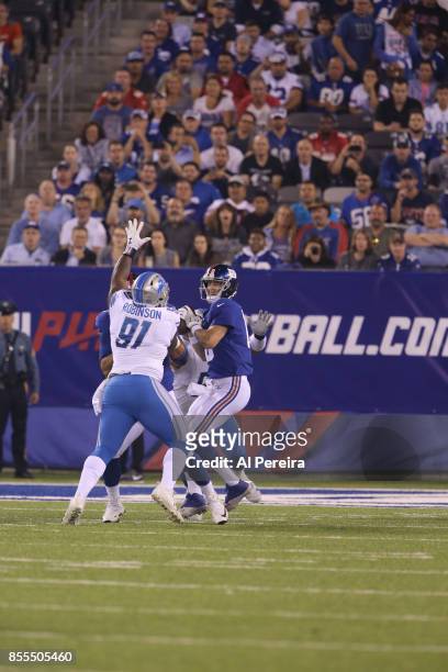 Defensive Tackle Haloti Ngata of the Detroit Lions has a Sack against the New York Giants on September 18, 2017 at MetLife Stadium in East...