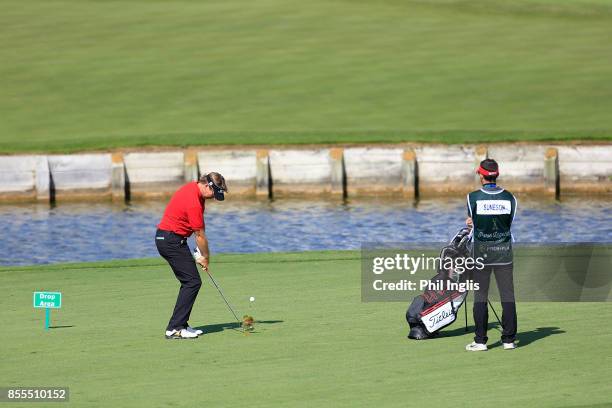 Carl Suneson of Spain in action during the second round of the Paris Legends Championship played at Le Golf National on September 29, 2017 in Paris,...