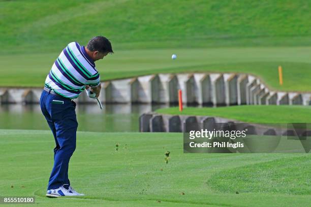 Peter Wilson of England in action during the second round of the Paris Legends Championship played at Le Golf National on September 29, 2017 in...