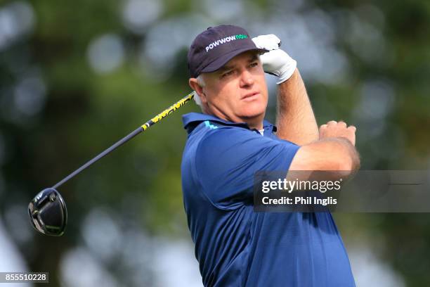 Steven Dodd of Wales in action during the second round of the Paris Legends Championship played at Le Golf National on September 29, 2017 in Paris,...