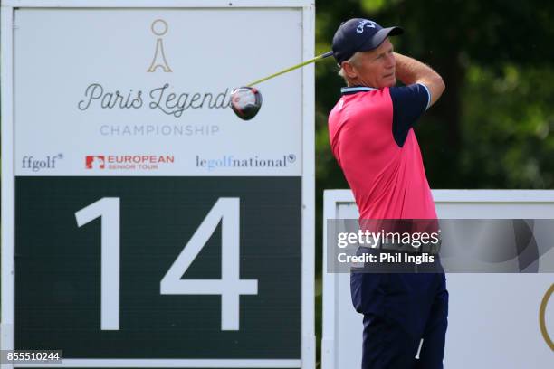 Jean Pierre Sallat of France in action during the second round of the Paris Legends Championship played at Le Golf National on September 29, 2017 in...