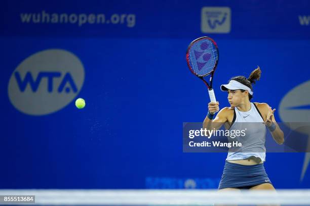 Caroline Garcia of France returns a shot during the match against Maria Sakkari of Greece on Day 6 of 2017 Dongfeng Motor Wuhan Open at Optics Valley...