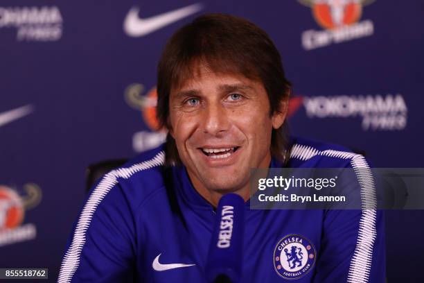 Chelsea Head Coach Antonio Conte talks to the media at Chelsea Training Ground on September 29, 2017 in Cobham, England.