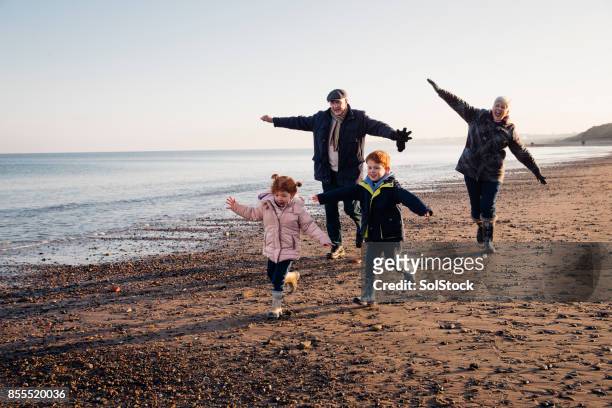 senior couple playing on the beach with their grandchildren - grandparent playing stock pictures, royalty-free photos & images
