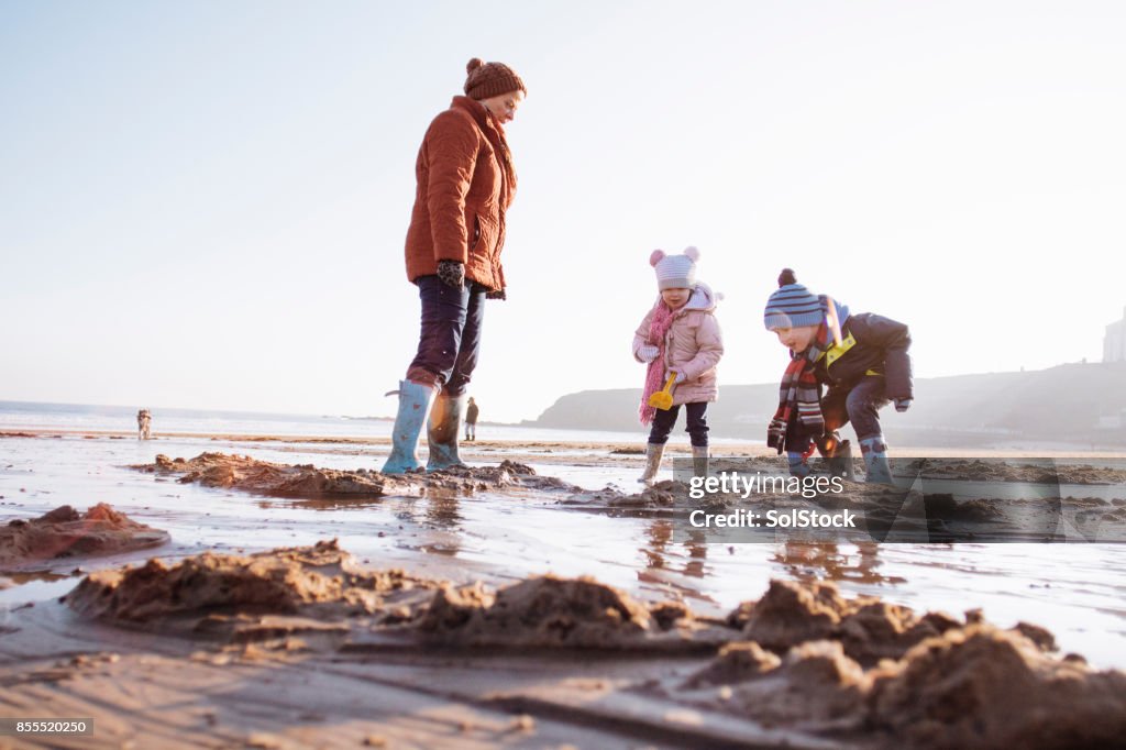 Grand-mère avec ses petits-enfants sur la plage