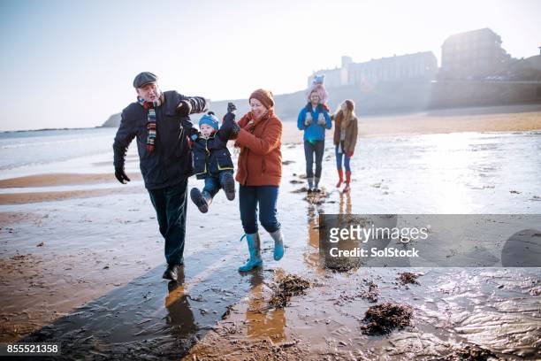 multi- generation family walking along the beach - winter stock pictures, royalty-free photos & images