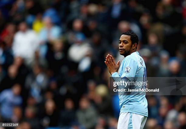 Robinho of Manchester City looks on after he misses a penalty during the FA Barclays Premier League match between Manchester City and Sunderland at...