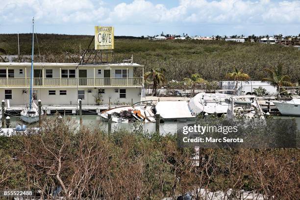 Boats and debris are seen following powerful Hurricane Irma on September 12, 2017 in Islamorada, Florida in the Florida Keys. Irma made landfall in...