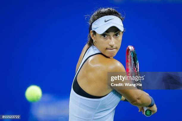 Caroline Garcia of France returns a shot during the match against Maria Sakkari of Greece on Day 6 of 2017 Dongfeng Motor Wuhan Open at Optics Valley...