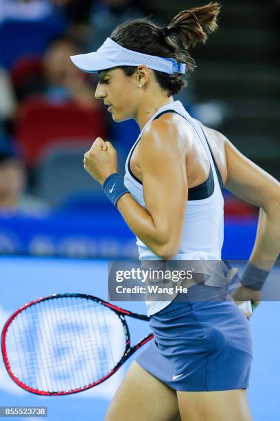 Caroline Garcia of France reacts during the match against Maria Sakkari of Greece on Day 6 of 2017 Dongfeng Motor Wuhan Open at Optics Valley...