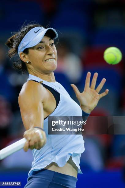 Caroline Garcia of France returns a shot during the match against Maria Sakkari of Greece on Day 6 of 2017 Dongfeng Motor Wuhan Open at Optics Valley...