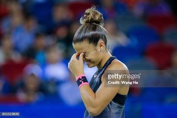 Maria Sakkari of Greece reacts during the match against Caroline Garcia of France on Day 6 of 2017 Dongfeng Motor Wuhan Open at Optics Valley...