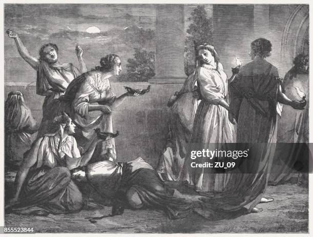 parable of the ten virgins (matthew 25, 1-13), published 1886 - allegory painting stock illustrations