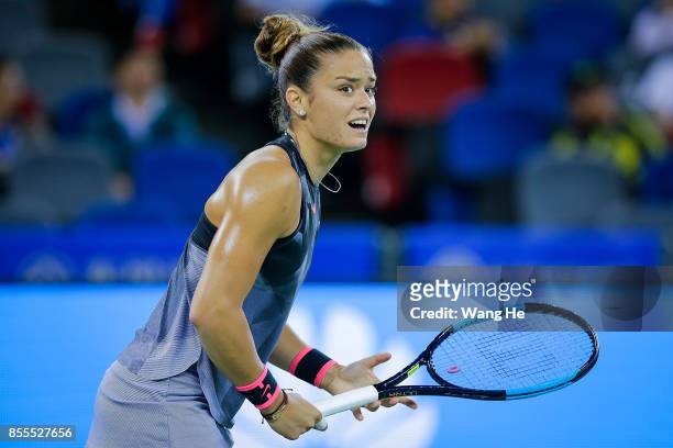 Maria Sakkari of Greece reacts during the match against Caroline Garcia of France on Day 6 of 2017 Dongfeng Motor Wuhan Open at Optics Valley...