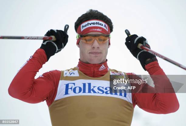 Switzerland's Dario Cologna won the men's 15 km pursuit during the Cross Country skiing world cup in Falun, on March 22, 2009. AFP Photo / Fredrik...