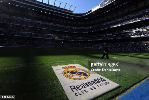 The Real Madrid emblem is seen before the start of the La Liga match between Real Madrid and UD Almeria at the Santiago Bernabeu stadium on March 22,...