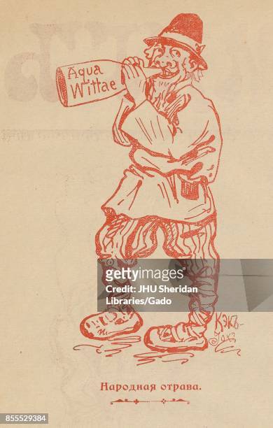 Illustration from the Russian satirical journal Miting depicting a peasant drinking from a bottle with 'Aqua Wittae' written on it, with text below...