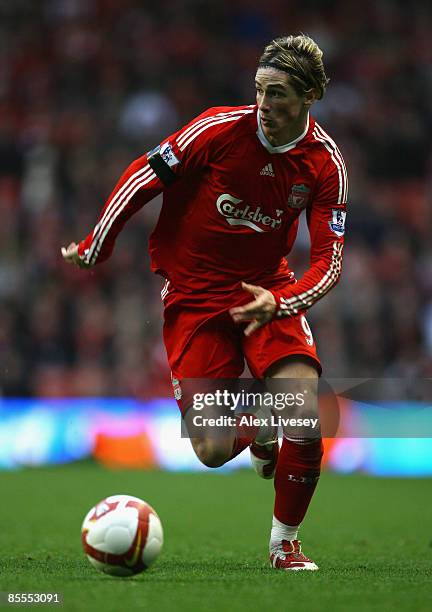 Fernando Torres of Liverpool in action during the Barclays Premier League match between Liverpool and Aston Villa at Anfield on March 22, 2009 in...