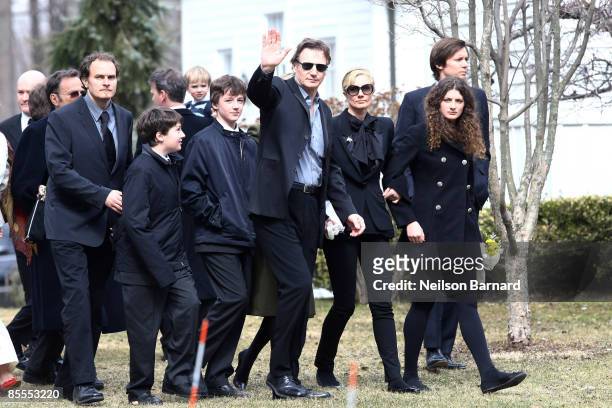 Actor Liam Neeson with sons Micheal Neeson , and Daniel Neeson , and Joely Richardson arrive for the funeral of actress Natasha Richardson at St....